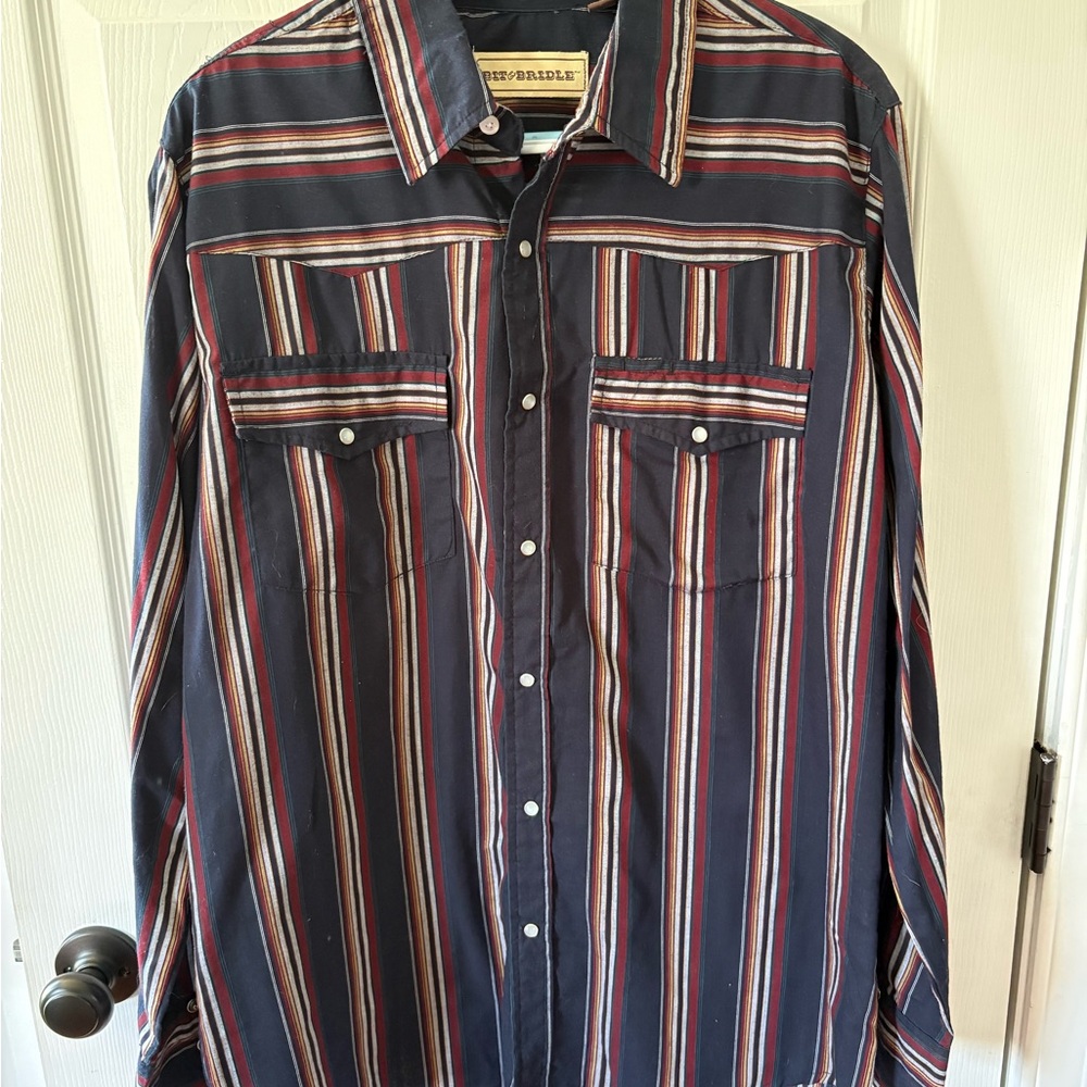 Bit & Bridle Navy, maroon, and grey Striped Button-Down Shirt